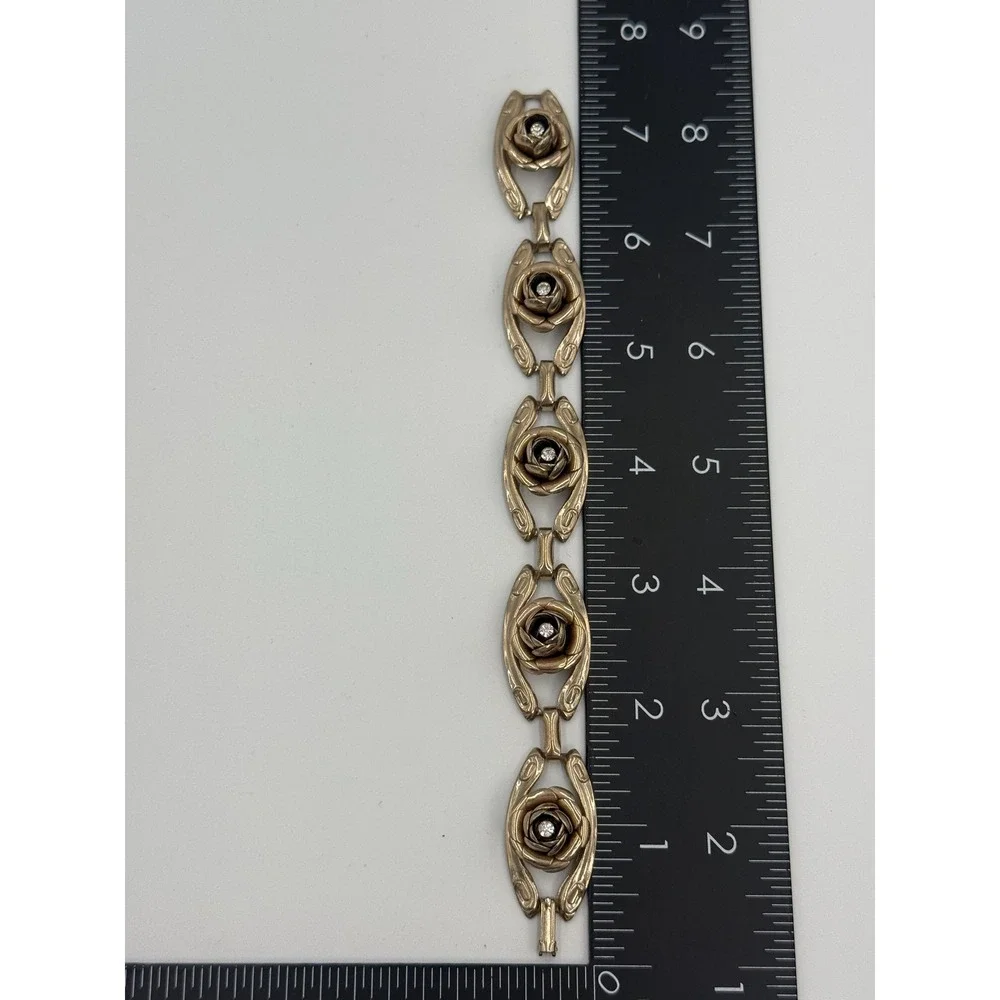 Vintage Floral Link Bracelet‎ Gold Tone Rose Rhinestone
